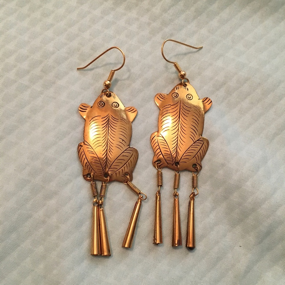 Vintage Brass or Copper Boho Frog Dangle Bell Jingling Earrings